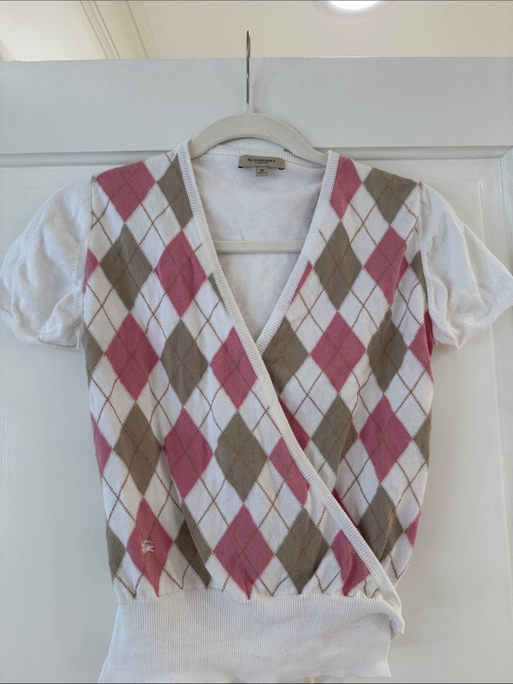 Burberry Vintage White Knit Top with Beige and Pink Argyle Print